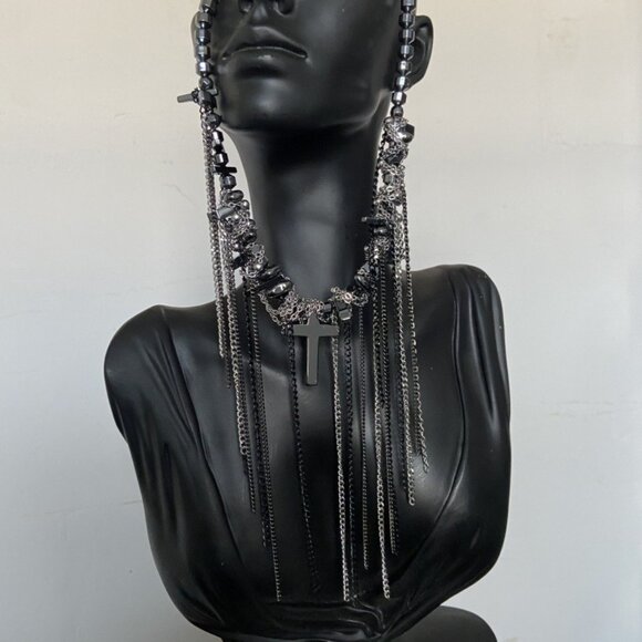 Chunky Beaded & Chain Dangle Necklace - Picture 2 of 3